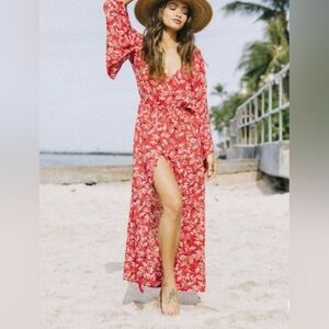 XIX PALMS Honolulu Hawaii Elegant Red Tropical Floral Maxi Dress
